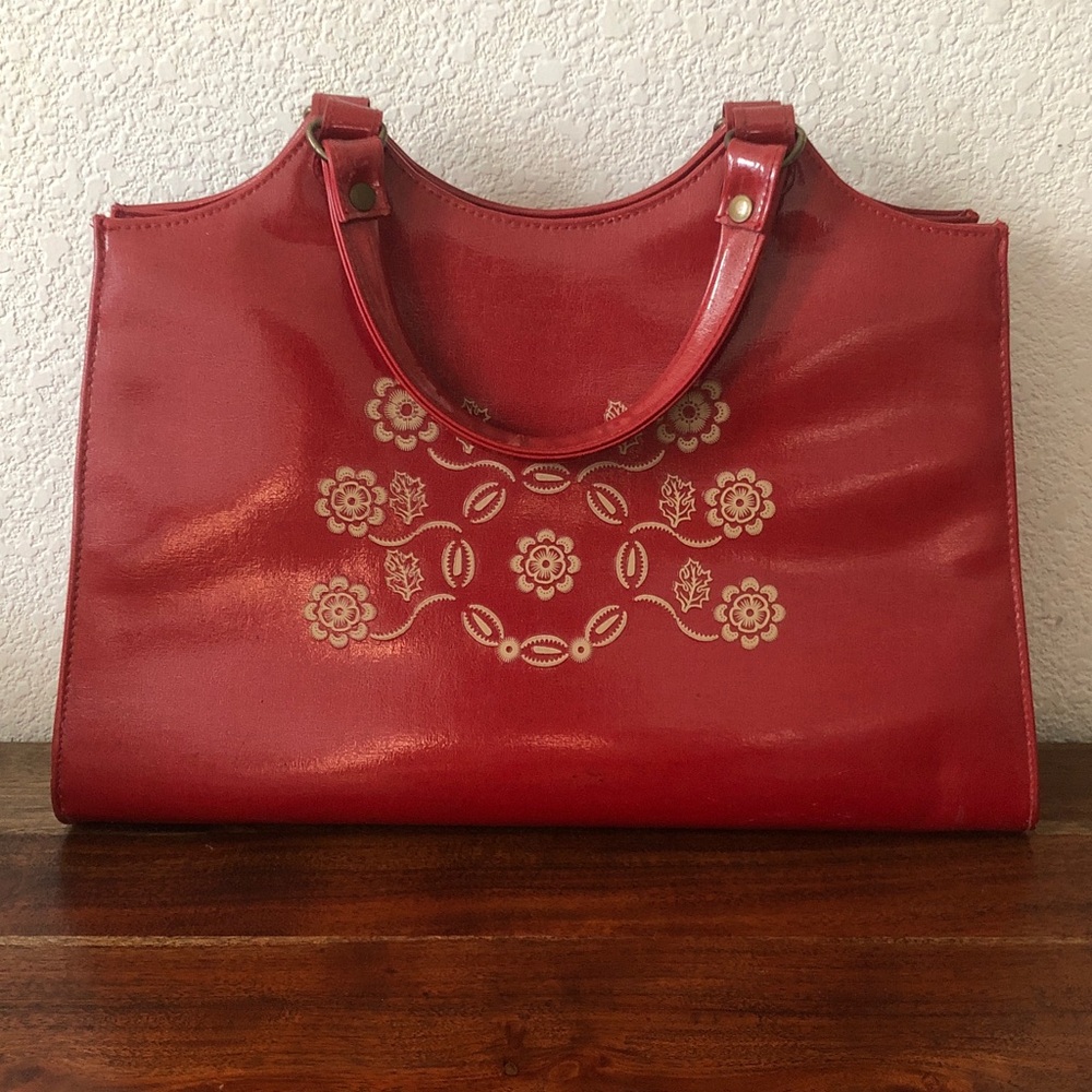 Vtg red Floral Etched Satchel Handbag Oxblood Bag Cottaecore Dark Academia